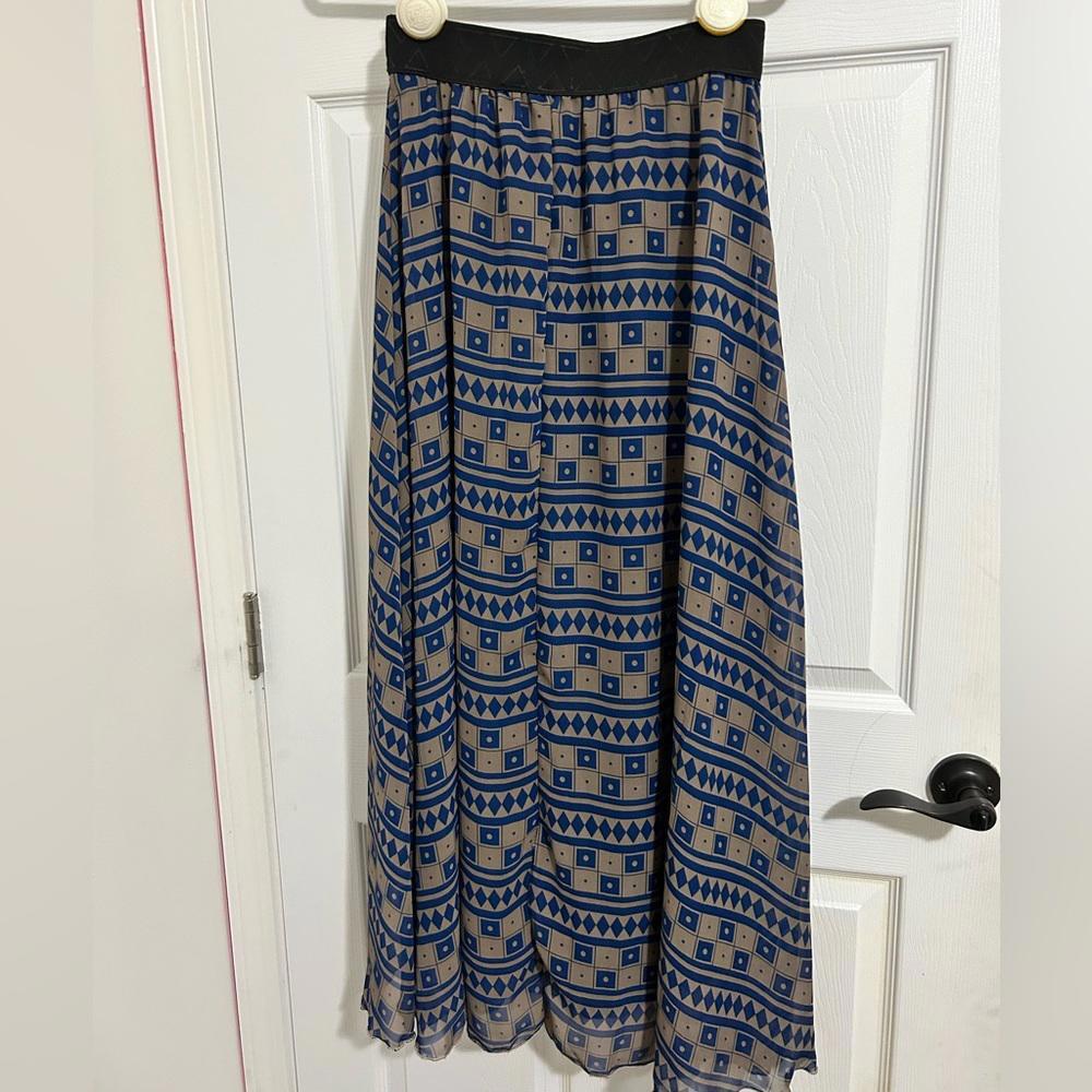 LuLaRoe Aztec Design, blue and brown long maxi‎ skirt Women's size S